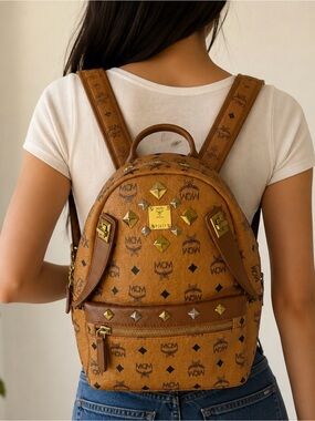 MCM Cognac Visetos Monogram Studded 2- Way Backpack Removable Pouch and Strap